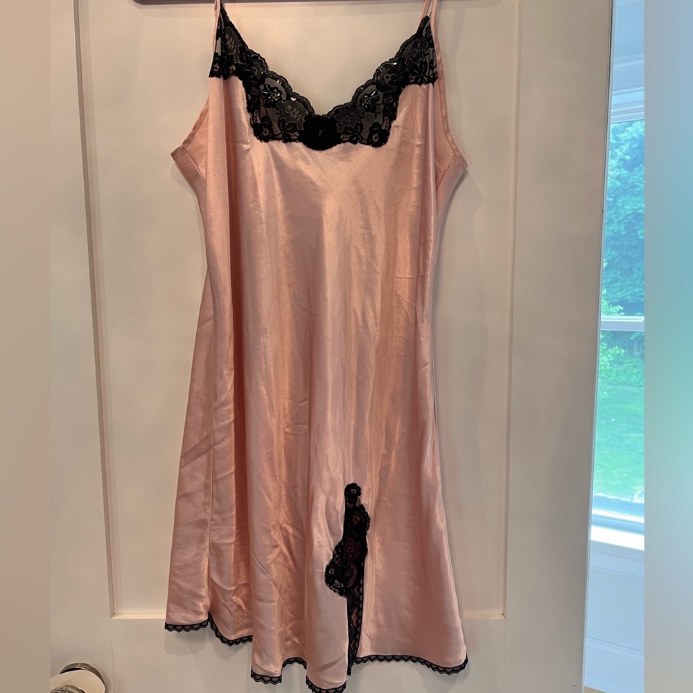 Sexy satin pink slip dress with lace and beaded